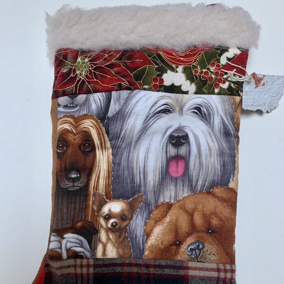 Christmas Stocking Quilted Patchwork Fabric Dog Puppies  NEW 15” Handmade - Picture 2 of 4